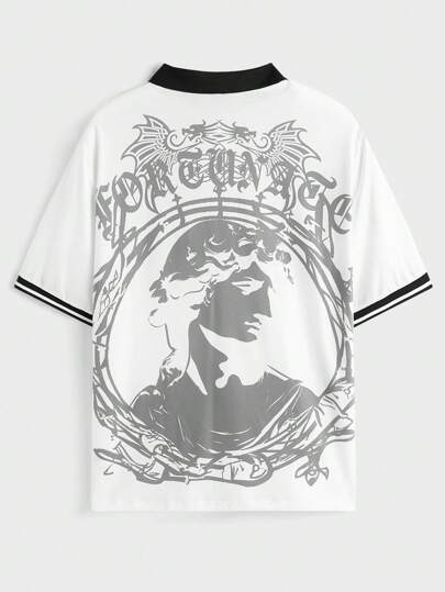 Manfinity RebelGame قميص بولو كاجوال بأكمام قصيرة مُحبوك بطباعة زر أمامي خياطة متناقضة لون واحد للرجال