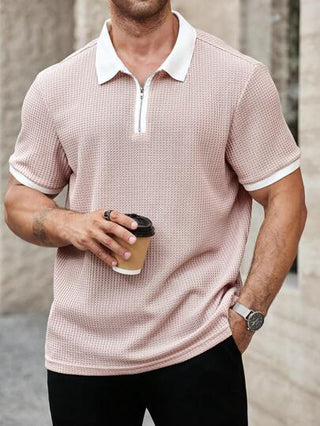 Manfinity Homme قميص بولو ذو طراز مقاسات كبيرة للرجال، لون مضاد، ياقة نصف سوستة، صيفي، للخروج