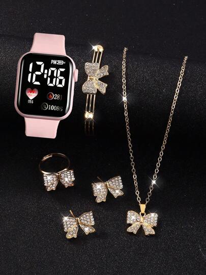 6 قطع ساعة أطفال رقمية LED إلكترونية هدية، تشمل قلب، مربع، فيونكة والمجوهرات، مقاس الأطفال