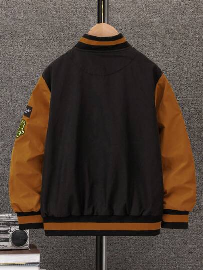 SHEIN معطف مطرز بحروف كولور كونتراست لصبي سن المراهقة، الخريف