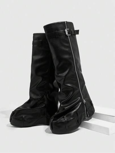 Sugerpunk بوت بنقشة لون واحد سميكة الأربطة والسحاب ذات طابع بانك روك، للارتداء اليومي العادي في أعياد الميلاد ورأس السنة