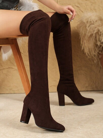 الأحذية الرائعة البلوت طويلة الساق وذات الشريط المطاطي، بوت نسائية جديدة لخريف/شتاء، بوت ذات كعب عالي بتصميم بشكل دائري ورفيع، رقبة الحذاء طويلة وداخله عازل حراري، كعب سميك