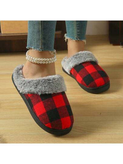 النعال الصوفية السميكة المربعة للنساء للاستخدام المنزلي، بنمط مربع بسيط، مقاومة للانزلاق للاستخدام الداخلي والخارجي ، ينصح بطلب مقاس أكبر من الحجم العادي