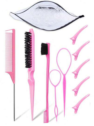 مجموعة أدوات شعر مكونة من 11 قطعة، تشمل 2 أداة لضفائر فرنسية، 1 مشط ذيل جرذ، 1 فرشاة فك التشابك، 1 زوج من مشابك الشعر، 5 مشابك أليغيتور، و1 عبوة من 1000 مطاط للشعر (القطر 1.1 سم/0.43 بوصة) (يمكن شراء عبوة 1000 مطاط للشعر بشكل منفصل)