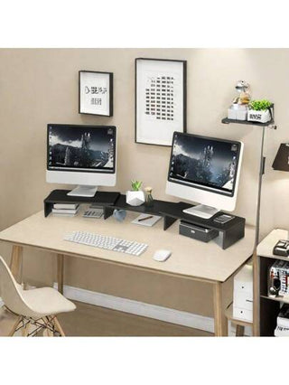 أثاث مكتبي حامل خشبي للشاشة قابل للتعديل الحديث - حامل كمبيوتر مكتبي قابل للتوسيع، تصميم موفر للمساحة، متين وقوي، قادر على تحمل أحمال ثقيلة، مناسب للمنزل والمكتب