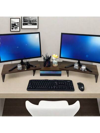 أثاث مكتبي حامل خشبي للشاشة قابل للتعديل الحديث - حامل كمبيوتر مكتبي قابل للتوسيع، تصميم موفر للمساحة، متين وقوي، قادر على تحمل أحمال ثقيلة، مناسب للمنزل والمكتب