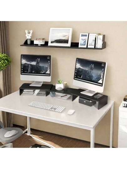 أثاث مكتبي حامل خشبي للشاشة قابل للتعديل الحديث - حامل كمبيوتر مكتبي قابل للتوسيع، تصميم موفر للمساحة، متين وقوي، قادر على تحمل أحمال ثقيلة، مناسب للمنزل والمكتب