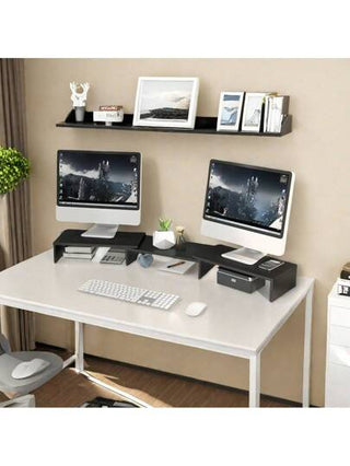 أثاث مكتبي حامل خشبي للشاشة قابل للتعديل الحديث - حامل كمبيوتر مكتبي قابل للتوسيع، تصميم موفر للمساحة، متين وقوي، قادر على تحمل أحمال ثقيلة، مناسب للمنزل والمكتب