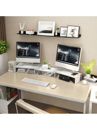 أثاث مكتبي حامل خشبي للشاشة قابل للتعديل الحديث - حامل كمبيوتر مكتبي قابل للتوسيع، تصميم موفر للمساحة، متين وقوي، قادر على تحمل أحمال ثقيلة، مناسب للمنزل والمكتب