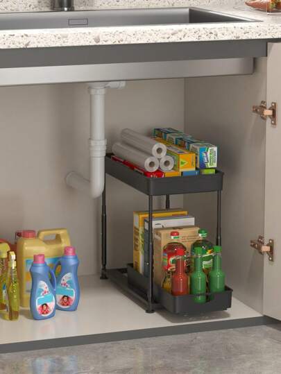 منظم ومخزن أسفل الحوض 2 طبقة سلال انزلاقية منظمة، مخزن متعدد الأغراض أسفل الحوض للحمام والمطبخ