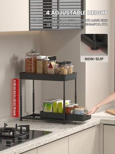 منظم ومخزن أسفل الحوض 2 طبقة سلال انزلاقية منظمة، مخزن متعدد الأغراض أسفل الحوض للحمام والمطبخ