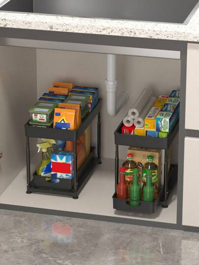 منظم ومخزن أسفل الحوض 2 طبقة سلال انزلاقية منظمة، مخزن متعدد الأغراض أسفل الحوض للحمام والمطبخ