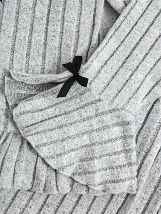 بيجاما مجموعة إستجمام كاجوال مكوّنة من 2 قطعة للفتيات المراهقات - بنطال طويل وأعلى طويل الأكمام بتصميم رمادي بسيط مزين بشريط فيونكة