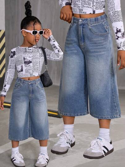 SHEIN بنطال كابري واسع الساق من جينز مغسول بطراز قديم ، بتصميم مرتاح للفتيات البالغات ، مناسب للربيع والصيف