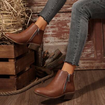 زوج جديد من بوت نسائية عصرية وموضة، كعب مربع مع سحاب جانبي, بني, مناسبة للخريف/الشتاء