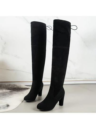 بوت نسائية شتوية لأغراض الحفلات والنوادل الليلية، مع كعب عالي، مضادة للانزلاق، قابلة للتنفس، بشكل رؤوس مدببة، نوع رباط وسحاب، طويلة حتى الركبة، تتناسب مع السراويل الجينز