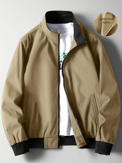 Manfinity Homme معطف ككردجان بياقة واقفة للرجال في الخريف والشتاء، لون كاكي، قصة نحيفة