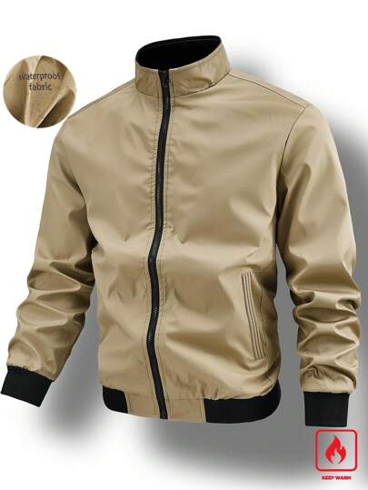 Manfinity Homme معطف ككردجان بياقة واقفة للرجال في الخريف والشتاء، لون كاكي، قصة نحيفة