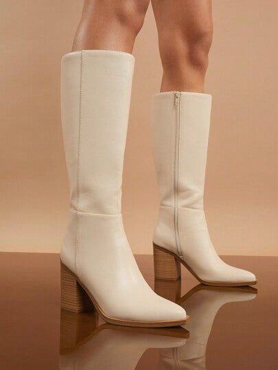 SHUZIA بوت فوق الركبة ذات كعب عالي بلون واحد للنساء ، الخريف والشتاء