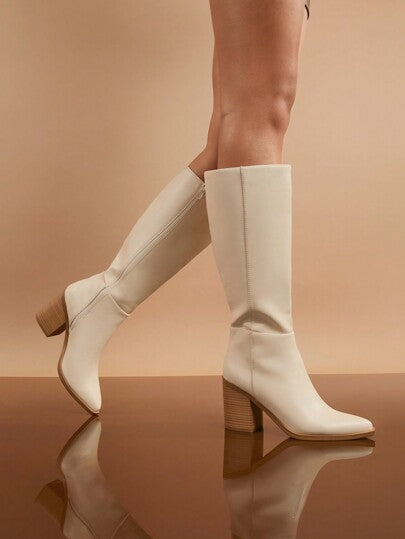 SHUZIA بوت فوق الركبة ذات كعب عالي بلون واحد للنساء ، الخريف والشتاء