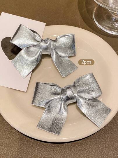 2 قطعة مشبك شعر على شكل فيونكة فضية، إكسسوار شعر أنيق وجميل للاستخدام اليومي