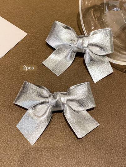 2 قطعة مشبك شعر على شكل فيونكة فضية، إكسسوار شعر أنيق وجميل للاستخدام اليومي