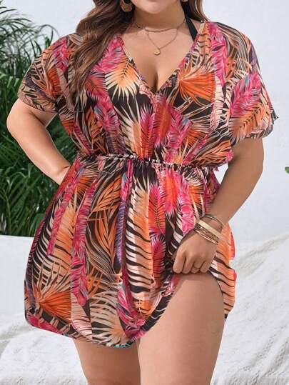 SHEIN Swim Curve مجموعة تونيك وتنورة قصيرة للسيدات البدينات، بطبعة نباتات استوائية، فتحة رقبة على شكل حرف V وأكمام قصيرة، للاستخدام اليومي الصيفي