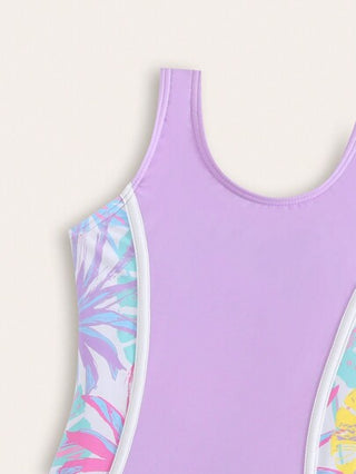 بدلة سباحة قطعة واحدة بطبعة نباتات استوائية وصدرية مع شورت، موضة جديدة للفتاة الشابة