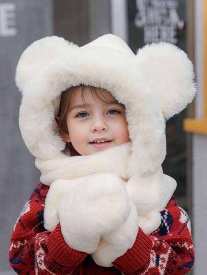 طقم واحد قبعة وشتوية للأطفال مكون من 3 قطع سميكة من الفرو بتصميم أذن الدب لعازلة للرياح ودافئة مناسبة للتزلج