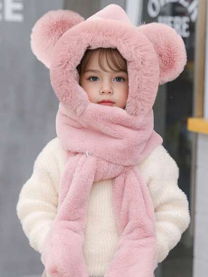 طقم واحد قبعة وشتوية للأطفال مكون من 3 قطع سميكة من الفرو بتصميم أذن الدب لعازلة للرياح ودافئة مناسبة للتزلج