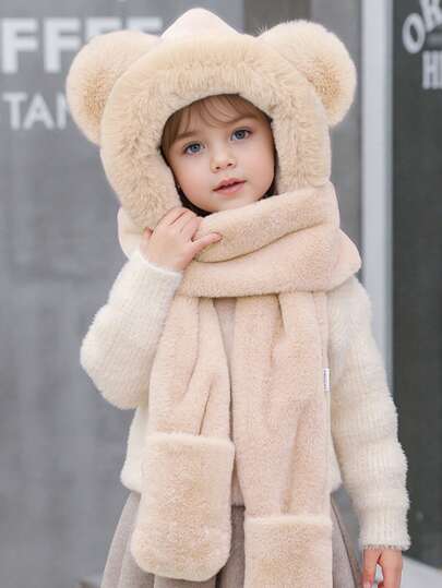 طقم واحد قبعة وشتوية للأطفال مكون من 3 قطع سميكة من الفرو بتصميم أذن الدب لعازلة للرياح ودافئة مناسبة للتزلج