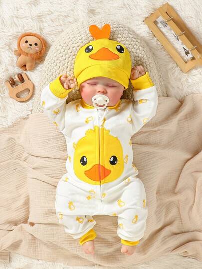 SHEIN بيبي رومبير روومبر كم طويل مطبوع عليها أنوح جميلة وقبعة مطابقة