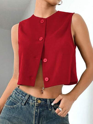 EZwear جاكيت سهل بدون أكمام أزرار أمامية لون أحادي للنساء