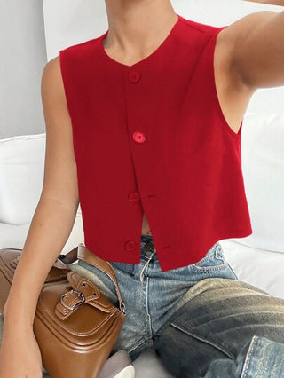 EZwear جاكيت سهل بدون أكمام أزرار أمامية لون أحادي للنساء