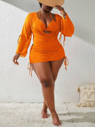 SHEIN Slayr CURVE طقم بادي تانكيني مكون من 4 قطع، موديل أكمام جرس مع رباط وقصة كشكشة، ذو لون أحادي، مناسب للصيف والشاطئ، مقاسات كبيرة