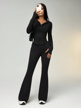 SHEIN EZwear طقم رياضي من سترة بسحاب وغطاء للرأس وبنطلون واسع، مجموعة لون أحادي