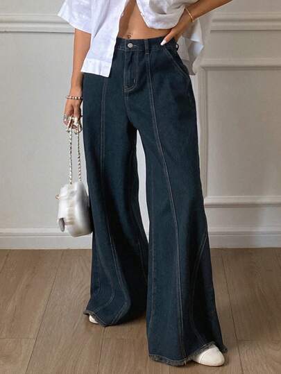 Livesso سروال جينز نسائي ذو طية ساقين واسعة