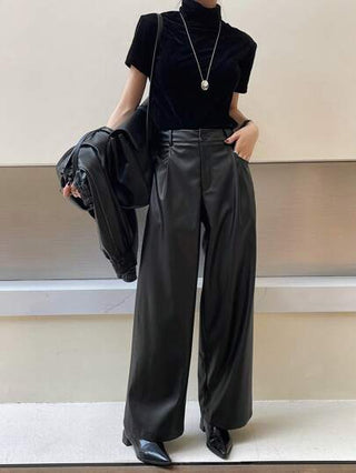 DAZY بنطلون نسائي جلد PU واسع القدم أحادي اللون، ملابس كاجوال يومية، ملابس خريفية