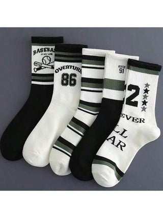 5 أزواج من جوارب رجالية قصيرة إلى منتصف الساق، جوارب شتوية وخريفية طويلة موضة للرجال بالأبيض والأسود وحروف الرياضة الرجالية أو جوارب السلة