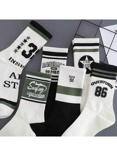 5 أزواج من جوارب رجالية قصيرة إلى منتصف الساق، جوارب شتوية وخريفية طويلة موضة للرجال بالأبيض والأسود وحروف الرياضة الرجالية أو جوارب السلة