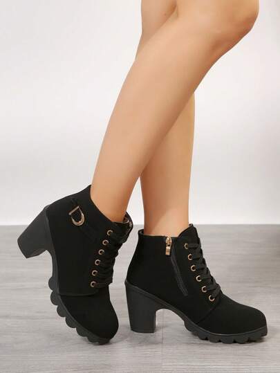 بوت كعب سميك للكاحل للنساء، بوت نسائية ذات كعب عالي بطراز بريطاني جديد، بوت نسائية تكون مربوطة