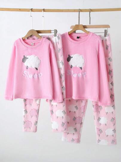 بيجاما مجموعة بنطال وبلوزة طويلة الأكمام برسومات أغنام لطيفة من الفليس، مناسبة للبنات المراهقات