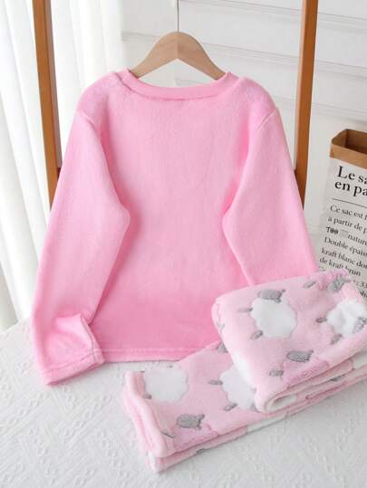 بيجاما مجموعة بنطال وبلوزة طويلة الأكمام برسومات أغنام لطيفة من الفليس، مناسبة للبنات المراهقات