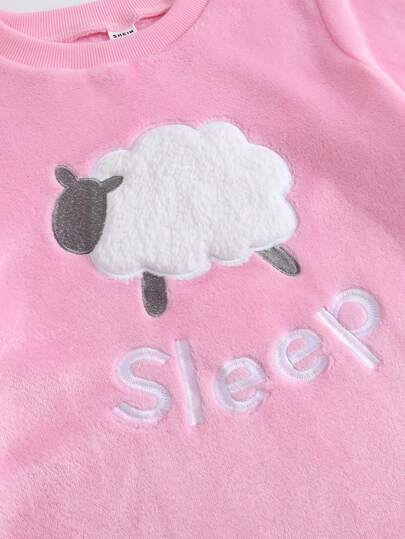 بيجاما مجموعة بنطال وبلوزة طويلة الأكمام برسومات أغنام لطيفة من الفليس، مناسبة للبنات المراهقات