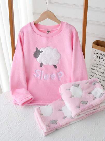 بيجاما مجموعة بنطال وبلوزة طويلة الأكمام برسومات أغنام لطيفة من الفليس، مناسبة للبنات المراهقات