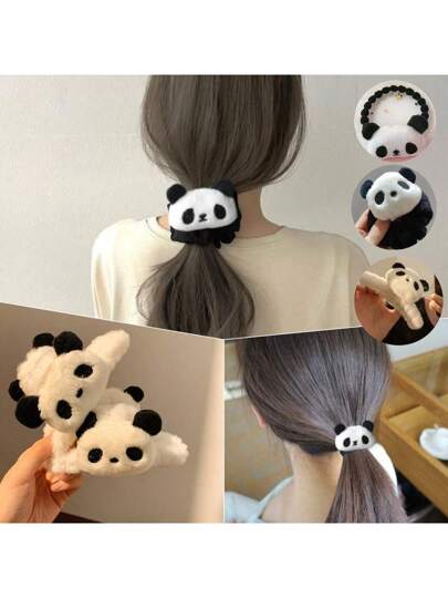 3 قطع من مجموعة كليب الحبل المخملي على شكل الدب الباندا الحلو للنساء، كليب كرتوني للتثبيت على مؤخرة الرأس، حبل متعدد الاستخدامات لضفائر الشعر، إكسسوارات شعر مناسبة للخريف والشتاء