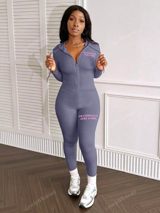 LovelyWholesale مجموعة جاكيت وبنطلون ضيق رياضية للنساء بأكمام طويلة وسحاب وطباعة حرفية للربيع والخريف