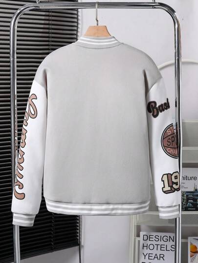 SHEIN جاكيت مطبوع عليها حروف المراهق ذو لون متباين أسلوب كاجوال للشباب