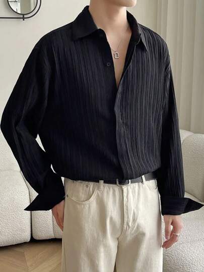 قميص رجالي كاجوال عصري بنسيج منسوج ذو ملمس موجي ولون أحادي، أنيق وبسيط، مناسب للخروجات والتنقلات، قميص كلاسيكي متعدد الاستخدامات بأكمام طويلة وياقة، مناسب للخريف