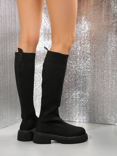بوت برقبة طويلة حتى الركبة بجوارب مطاطية، بكعب سميك مريح وقابل للتنفس، بوت أنيقة متعددة الاستخدامات باللون الأسود تصلح للخريف/الشتاء